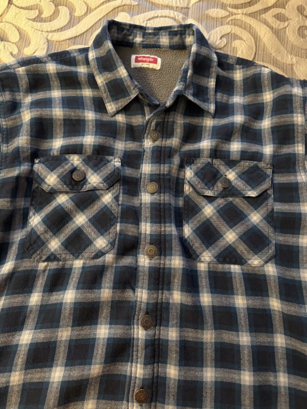 Wrangler Flannel Shirt Jacket Sherpa Lined Plaid Heavyweight Men's Large Blue